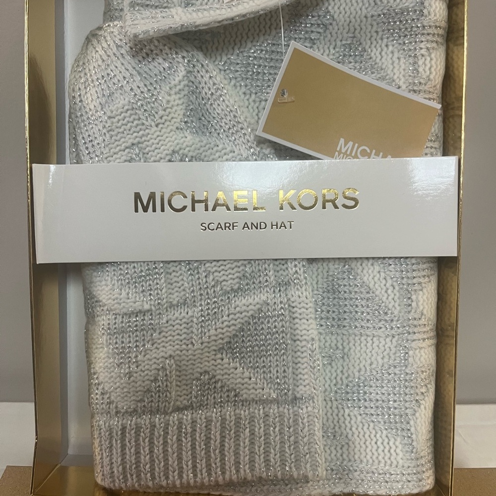 Michael Kors White and Gray Knit Scarf and Hat
